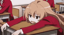 An extremely tired anime character slumping into their school desk.