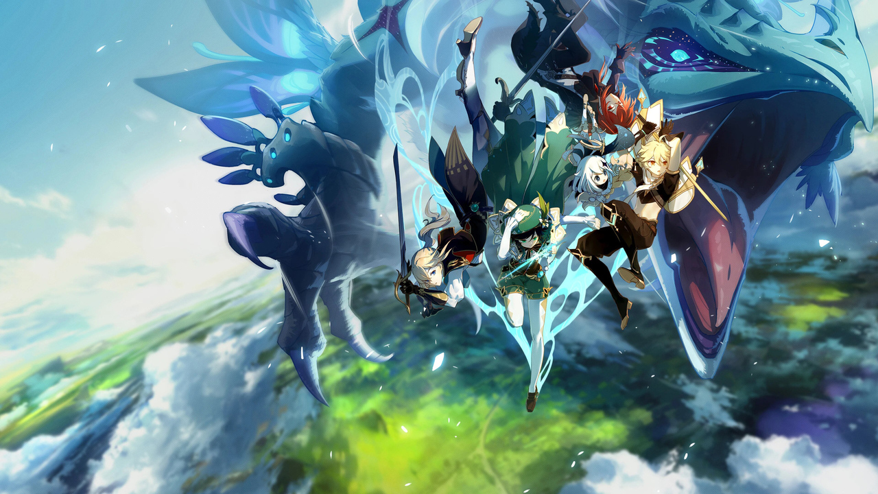 Genshin Impact promotional material released in October of 2020. Characters are falling through the air chased by a dragon.