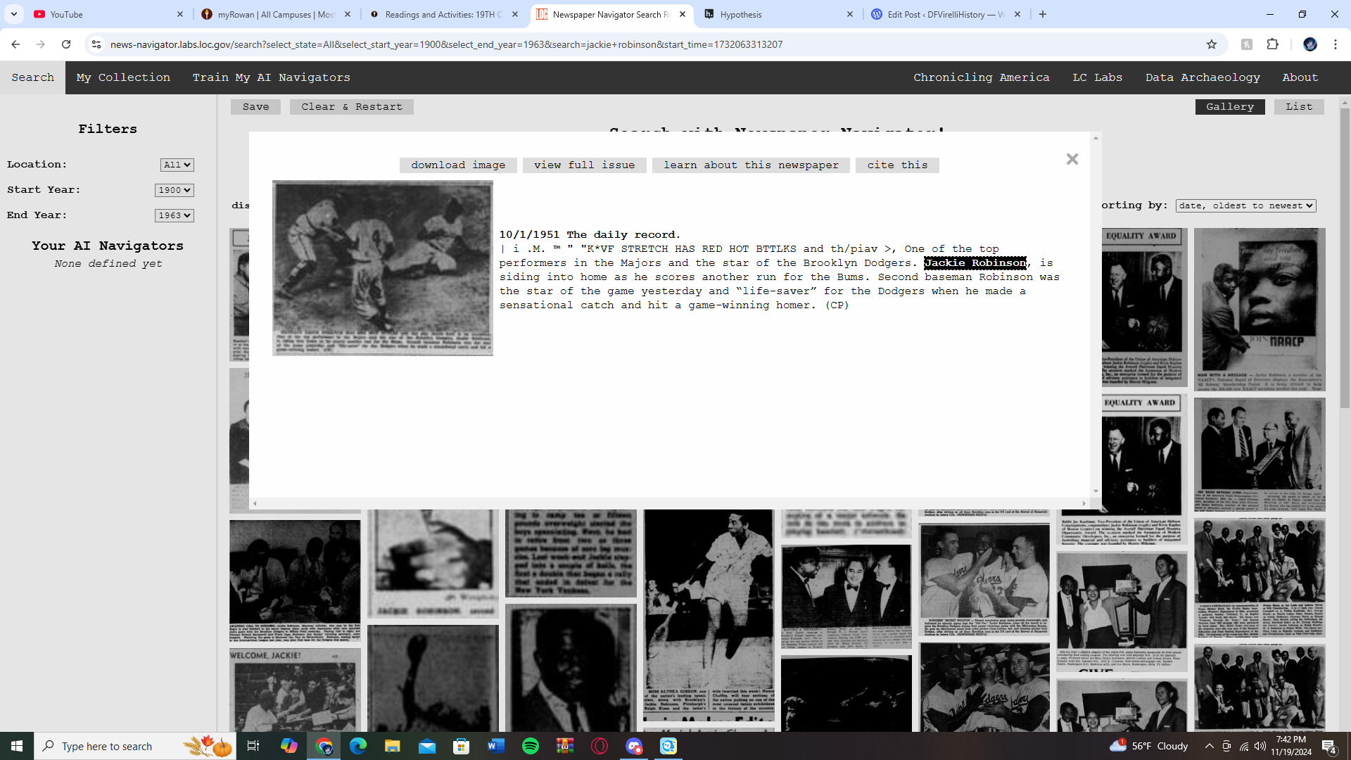 Headline of Jackie Robinson sliding into home plate for the Brooklyn Dodgers.