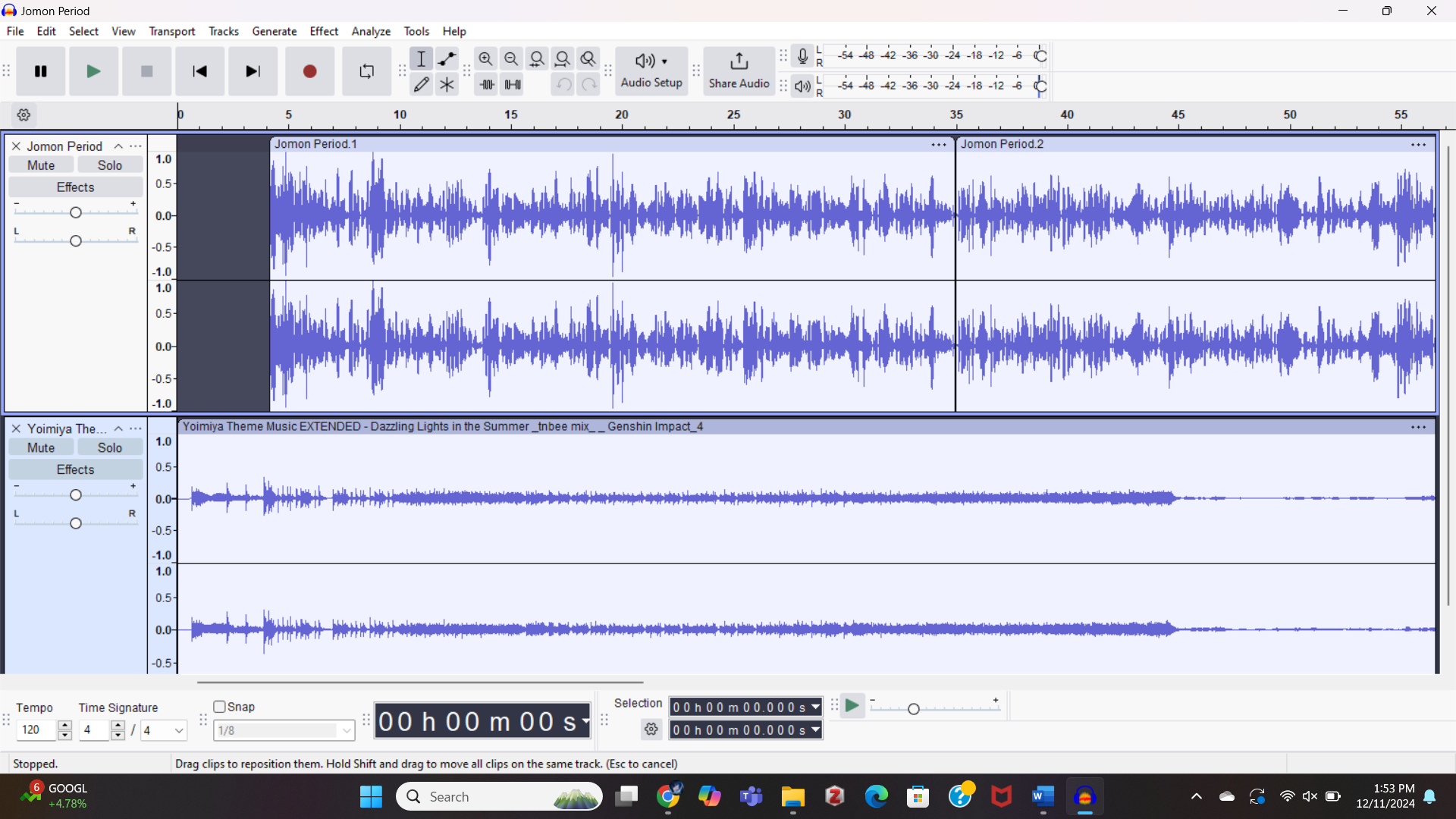Audio recording in Audacity editing software.